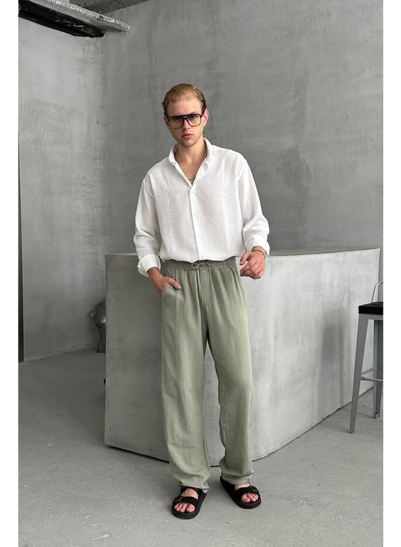 HYMAN Men's Elastic Waist Baggy Linen Trousers - Image 1